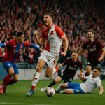 A thrilling moment in a European football match showing players and fans in an